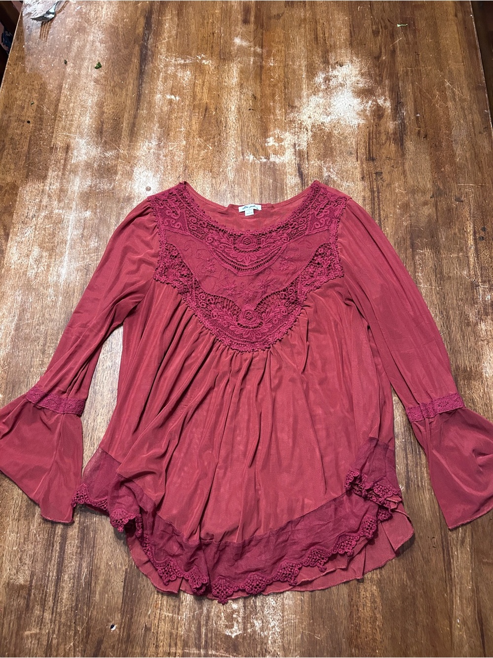 Women’s Mesh Lace-Trim Boho Hippie Cowgirl Blouse - Rust
